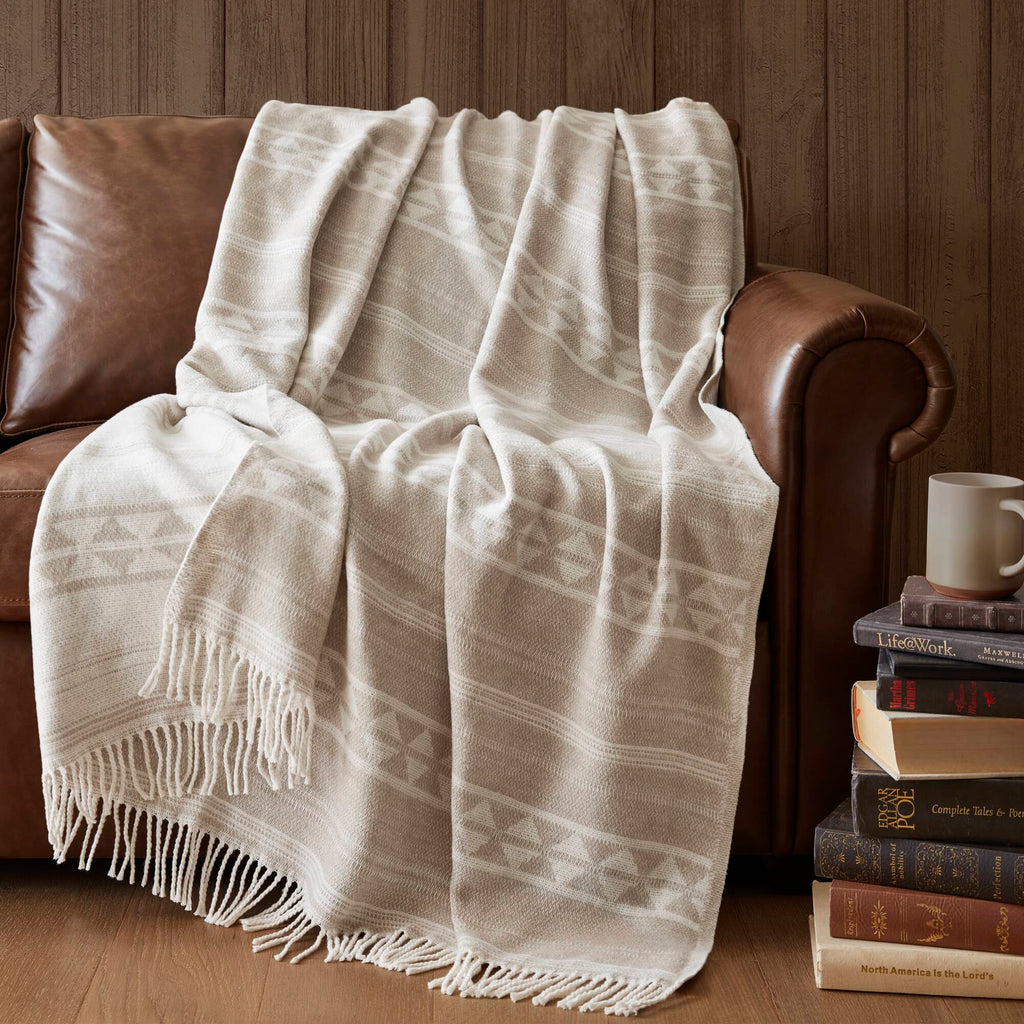 1-Piece 50x60' Cotton Blend Throw, Ivory Stripe